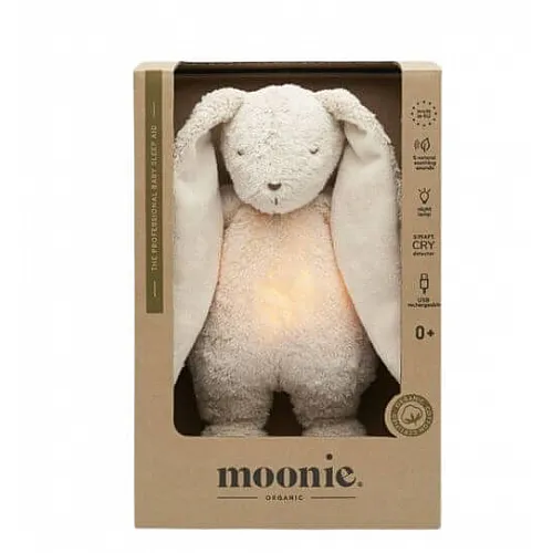 Moonie Organic 2.0 - Зайче приятел за спокоен сън от органичен памук с нощна лампа и успокояващи звуци